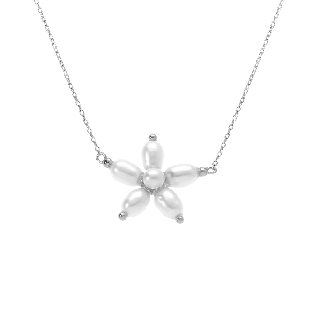 Collier en argent rhodi� fleur perle blanche imitation 38+5cm - Vue 1