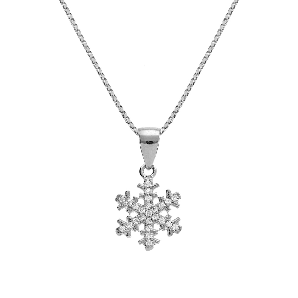 Collier en argent rhodi� flocon de neige avec oxydes blancs sertis 42+3cm - Vue 1
