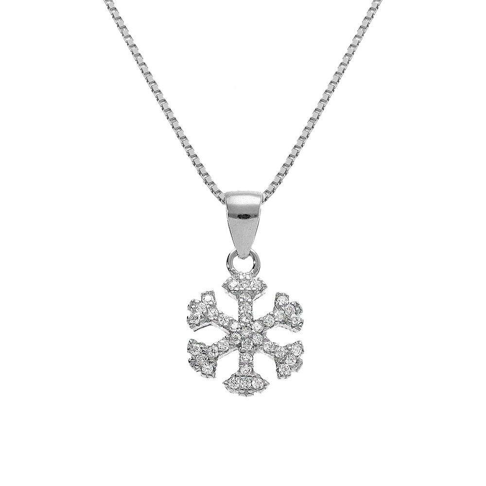 Collier en argent rhodi� flocon de neige oxydes blancs sertis 42+3cm - Vue 1