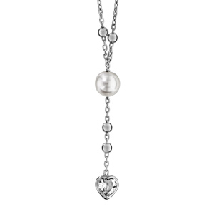 Collier en argent rhodi forme Y chane avec boules lisses, perles blanches eau douce et oxyde blanc en forme de coeur au bout 40cm + 5cm - Vue 1