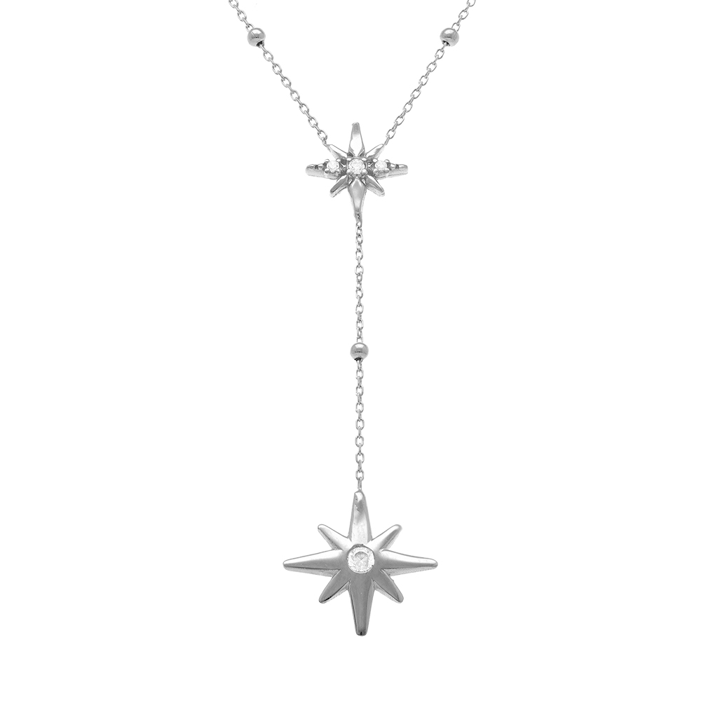 Collier en argent rhodi� forme cravate avec etoiles du nord oxydes blancs sertis - 38+5cm - Vue 1