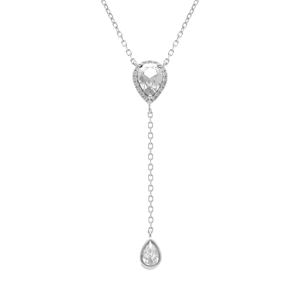 Collier en argent rhodi� forme cravate avec gouttes d\'oxyde blancs et contour d\'oxydes blancs - 39+5cm - Vue 1