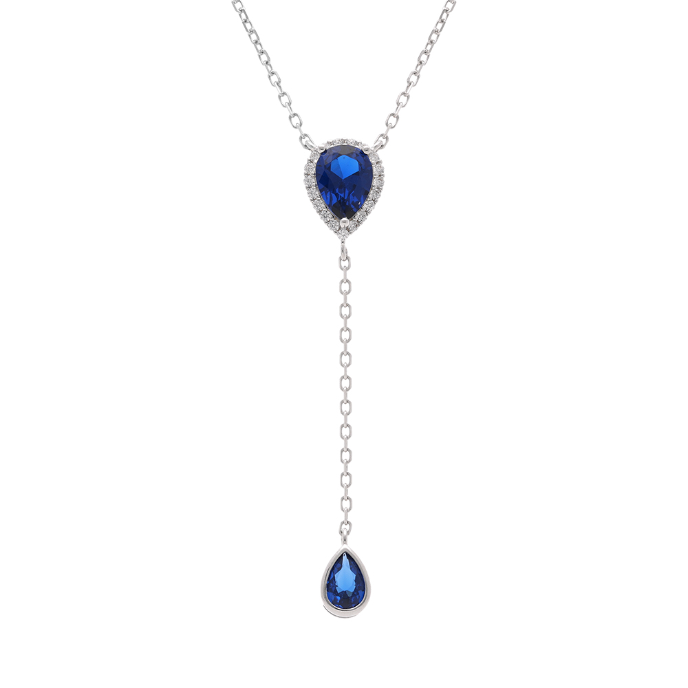 Collier en argent rhodi� forme cravate avec gouttes d\'oxyde bleu fonc� et contour d\'oxydes blancs - 39+5cm - Vue 1