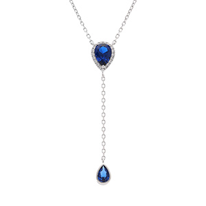 Collier en argent rhodié forme cravate avec gouttes d\'oxyde bleu foncé et contour d\'oxydes blancs - 39+5cm - Vue 1