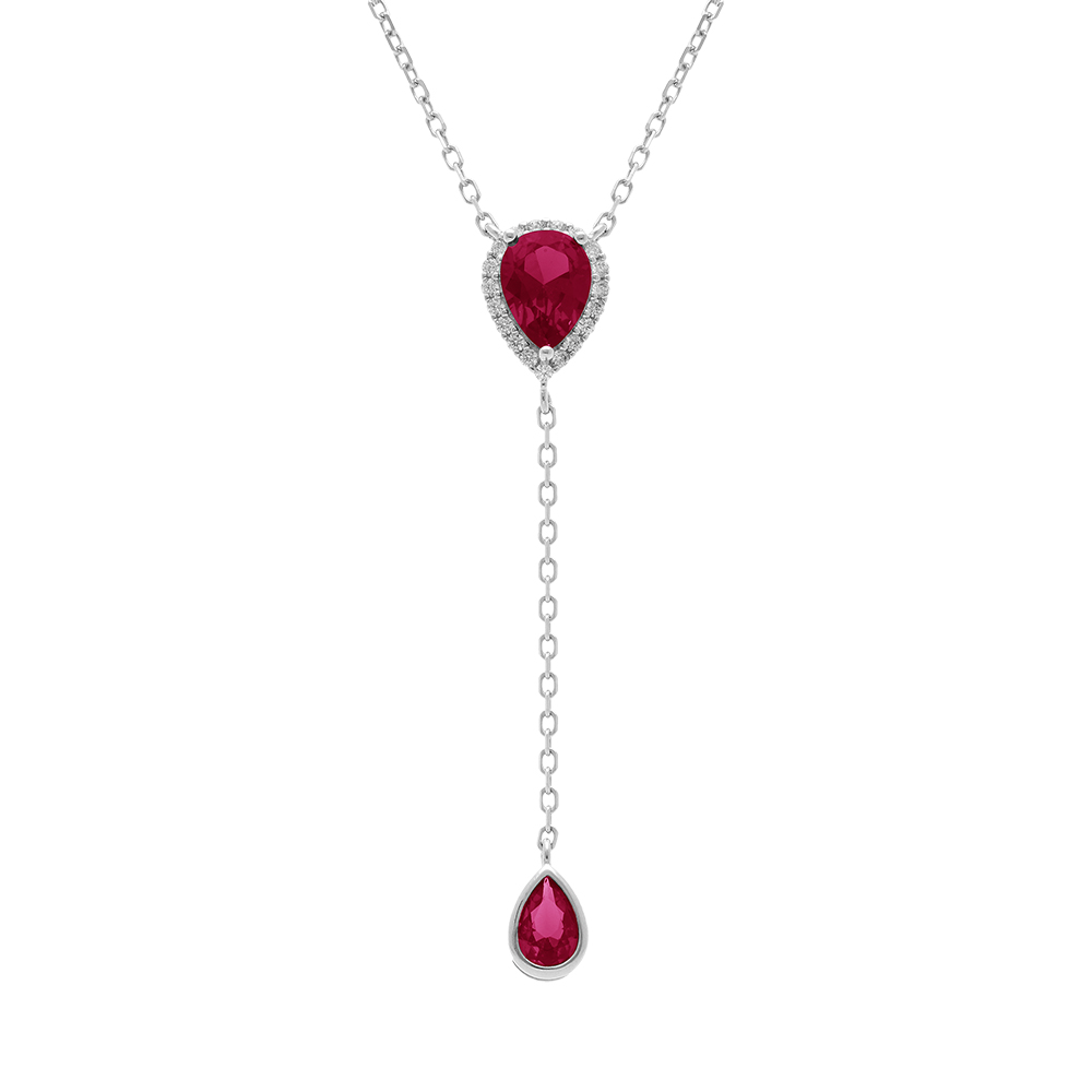 Collier en argent rhodi forme cravate avec gouttes d\'oxyde rouge et contour d\'oxydes blancs - 39+5cm - Vue 1