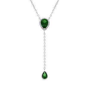 Collier en argent rhodié forme cravate avec gouttes d\'oxyde vert et contour d\' oxydes blancs - 39+5cm - Vue 1