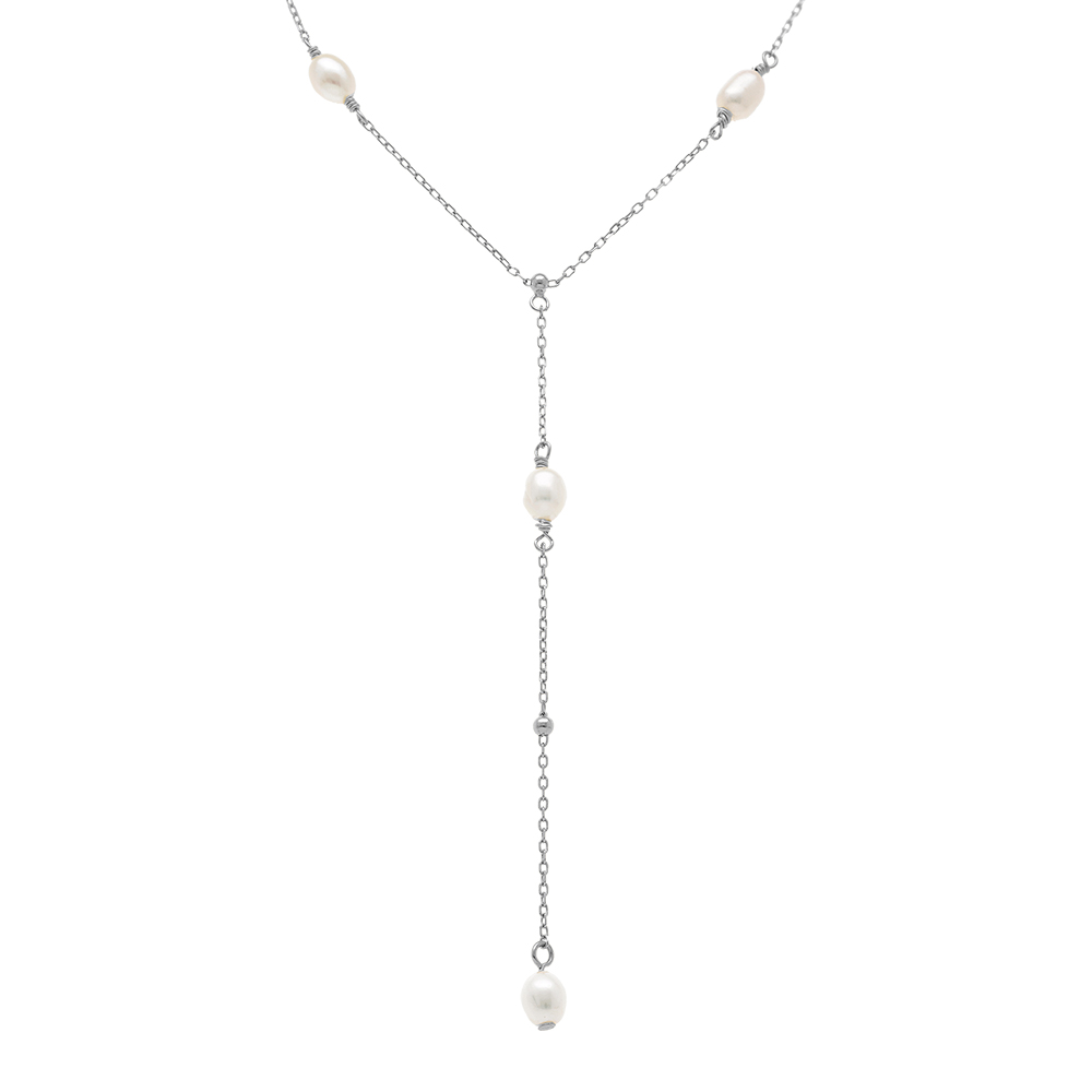 Collier en argent rhodi� forme cravate avec perles de culture d\'eau douce blanches - 38+5cm - Vue 1