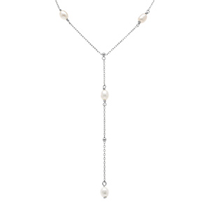 Collier en argent rhodi forme cravate avec perles de culture d'eau douce blanches - 38+5cm