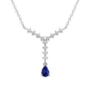 Collier en argent rhodi forme cravate oxyde centrale bleu et oxydes blancs sertis - 42+3cm