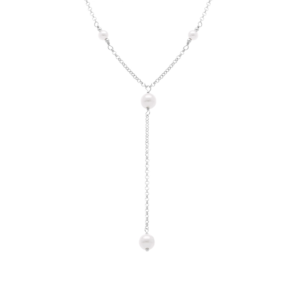 Collier en argent rhodi� forme cravate perles blanches imitation  - 38+5cm - Vue 1