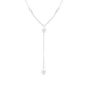 Collier en argent rhodié forme cravate perles blanches imitation - 38+5cm - Vue 1