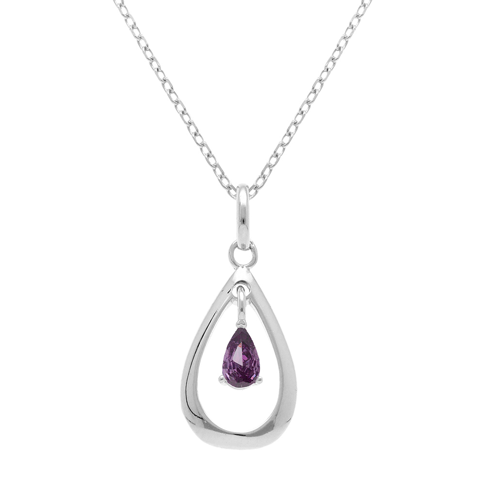 Collier en  argent rhodi� goutte ovale 15mm oxyde am�thyste - 42+3cm - Vue 1