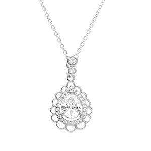 Collier en argent rhodi goutte oxydes blancs sertis et contour dentel - 40+4cm