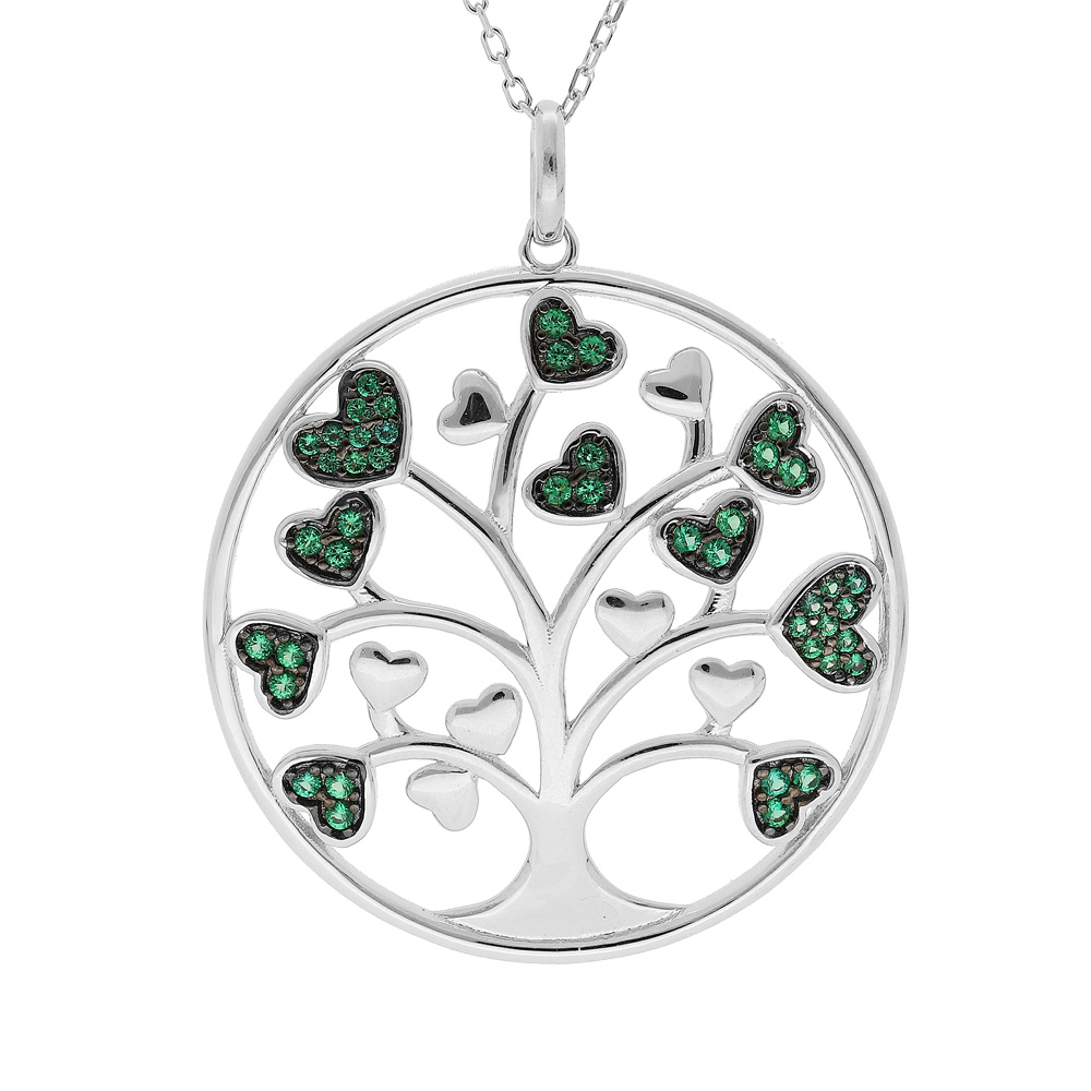 Collier en argent rhodi� massif cha�ne avec pendentif arbre de vie 30mm et coeurs oxydes verts 44,5+4,5cm - Vue 1