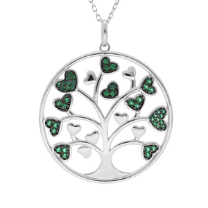 Collier en argent rhodi massif chane avec pendentif arbre de vie 30mm et coeurs oxydes verts 44,5+4,5cm - Vue 1