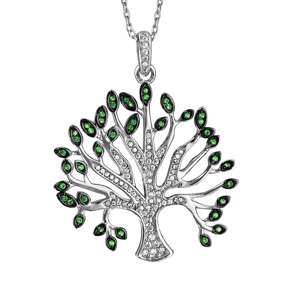 Collier en argent rhodi� massif cha�ne avec pendentif arbre de vie grand mod�le oxydes blancs et verts sertis 40+5cm - Vue 1