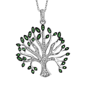 Collier en argent rhodi massif chane avec pendentif arbre de vie grand modle oxydes blancs et verts sertis 40+5cm - Vue 1