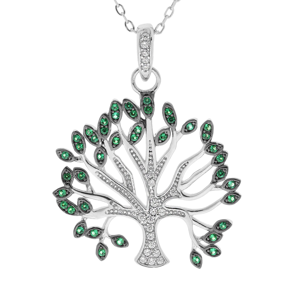 Collier en argent rhodi� massif cha�ne avec pendentif arbre de vie petit mod�le oxydes blancs et verts sertis 40+5cm - Vue 1