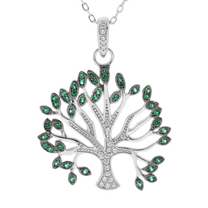 Collier en argent rhodi massif chane avec pendentif arbre de vie petit modle oxydes blancs et verts sertis 40+5cm - Vue 1