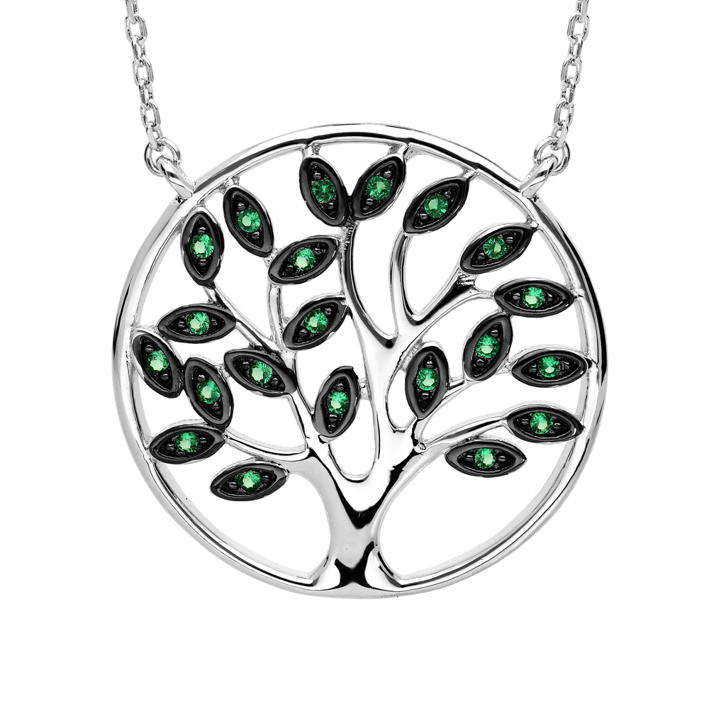 Collier en argent rhodi� massif cha�ne avec pendentif arbre de vie pierres vertes 40+5cm - Vue 1