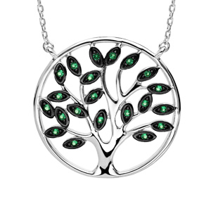 Collier en argent rhodi massif chane avec pendentif arbre de vie pierres vertes 40+5cm - Vue 1