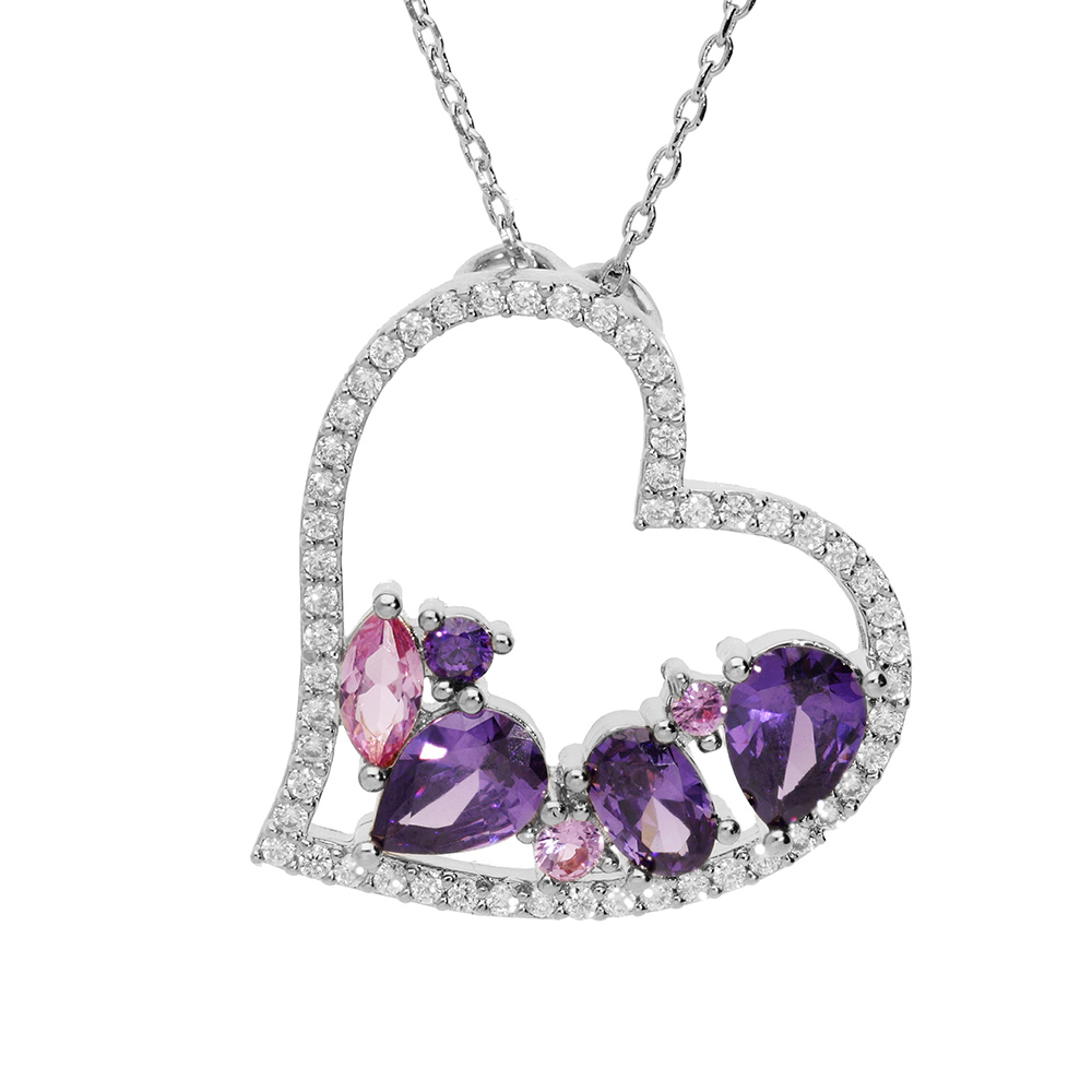 Collier en argent rhodi� massif cha�ne avec pendentif coeur et oxydes violets et roses contour oxydes blancs 40+5cm - Vue 1