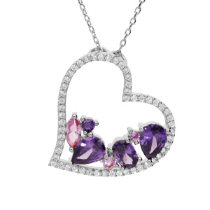 Collier en argent rhodi massif chane avec pendentif coeur et oxydes violets et roses contour oxydes blancs 40+5cm - Vue 1