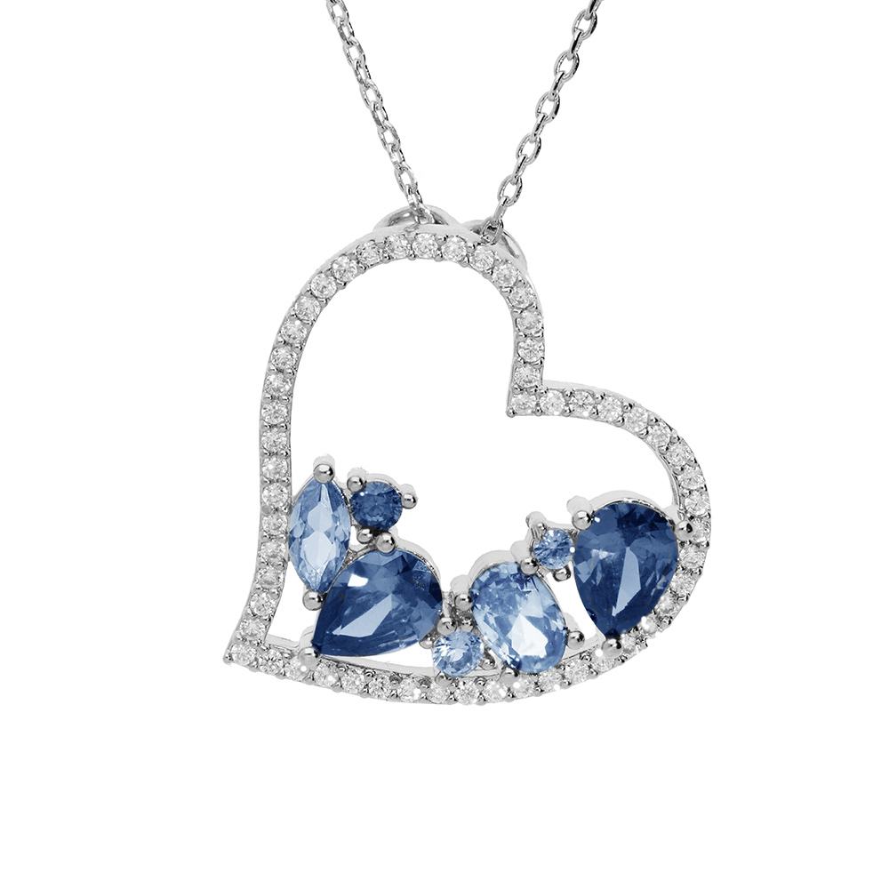 Collier en argent rhodi� massif cha�ne avec pendentif coeur oxydes bleus contour oxydes blancs 40+5cm - Vue 1