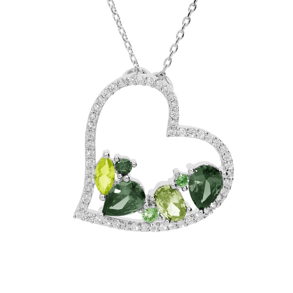 Collier en argent rhodi� massif cha�ne avec pendentif coeur oxydes verts contour oxydes blancs 40+5cm - Vue 1
