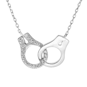 Collier en argent rhodi massif chane avec pendentif menottes oxydes blancs 40+5cm - Vue 1