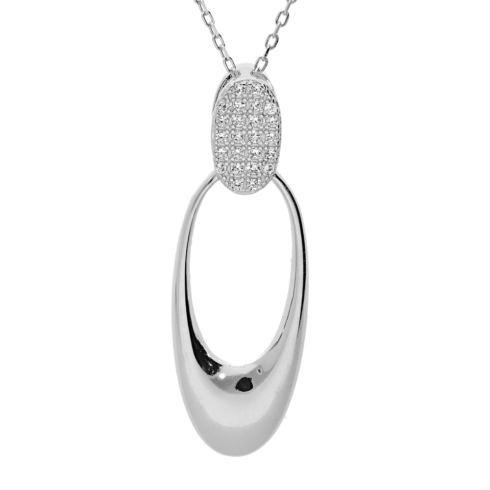 Collier en argent rhodi� massif cha�ne avec pendentif oval et oxydes blancs sertis 40+5cm - Vue 1