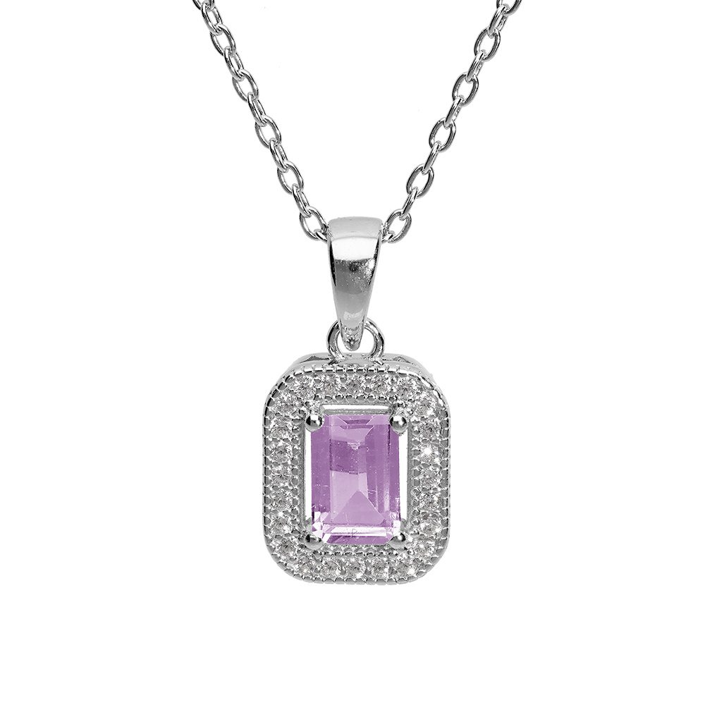 Collier en argent rhodi� massif cha�ne avec pendentif pierre carr� Am�thyste v�ritable contour oxydes blancs sertis 40+5cm - Vue 1