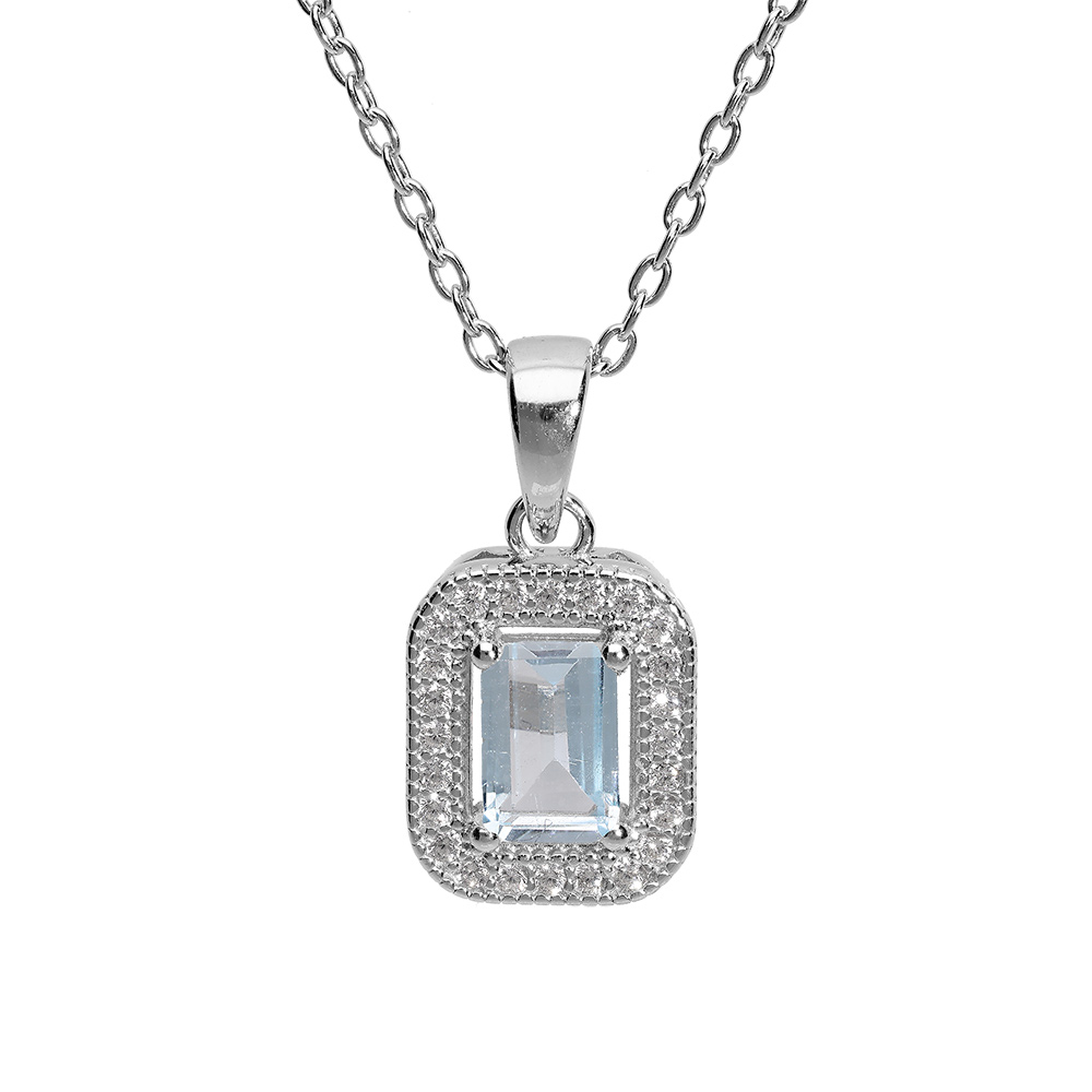 Collier en argent rhodi� massif cha�ne avec pendentif pierre carr� Topaze bleue v�ritable contour oxydes blancs sertis 40+5cm - Vue 1