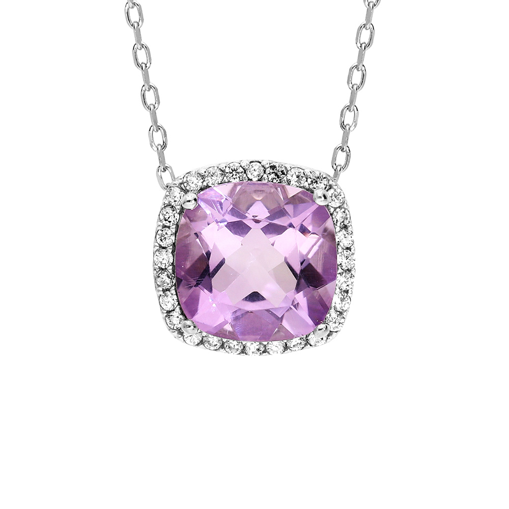 Collier en argent rhodi� massif collection joaillerie cha�ne avec pendentif carr� Amethyste contour oxydes blancs sertis 40+5cm - Vue 1