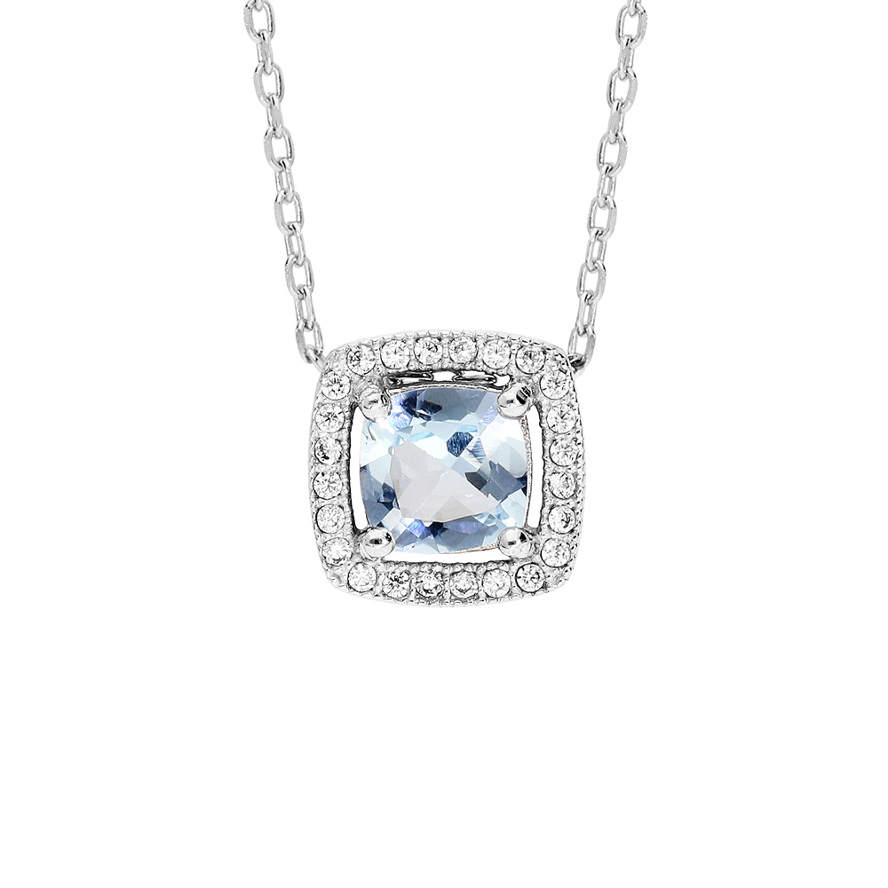 Collier en argent rhodi� massif collection joaillerie cha�ne avec pendentif carr� Topaze bleue contour oxydes blancs sertis 40+5cm - Vue 1