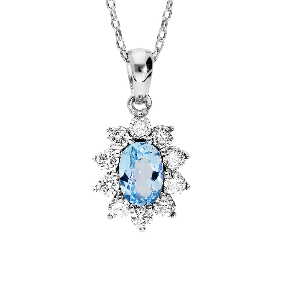 Collier en argent rhodi� massif collection joaillerie cha�ne avec pendentif ovale Topaze bleue contour oxydes blancs sertis 40+5cm - Vue 1