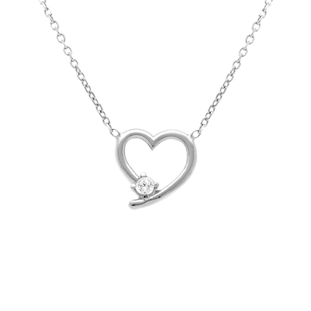 Collier en argent rhodi� motif co eur un oxyde blanc serti  - 40+5cm - Vue 1