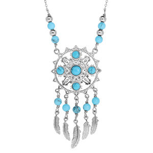 Collier en argent rhodié motif ethnique avec turquoise de synthèse et plumes 42+3cm - Vue 1