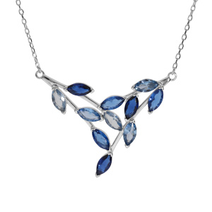 Collier en argent rhodi motif feuillage empierr avec oxydes bleus ciel et bleus fonc longueur 40+5cm - Vue 1