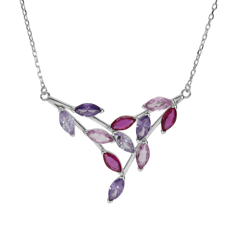 Collier en argent rhodi� motif feuillage empierr� avec oxydes violets, roses et fuschias longueur 40+5cm - Vue 1