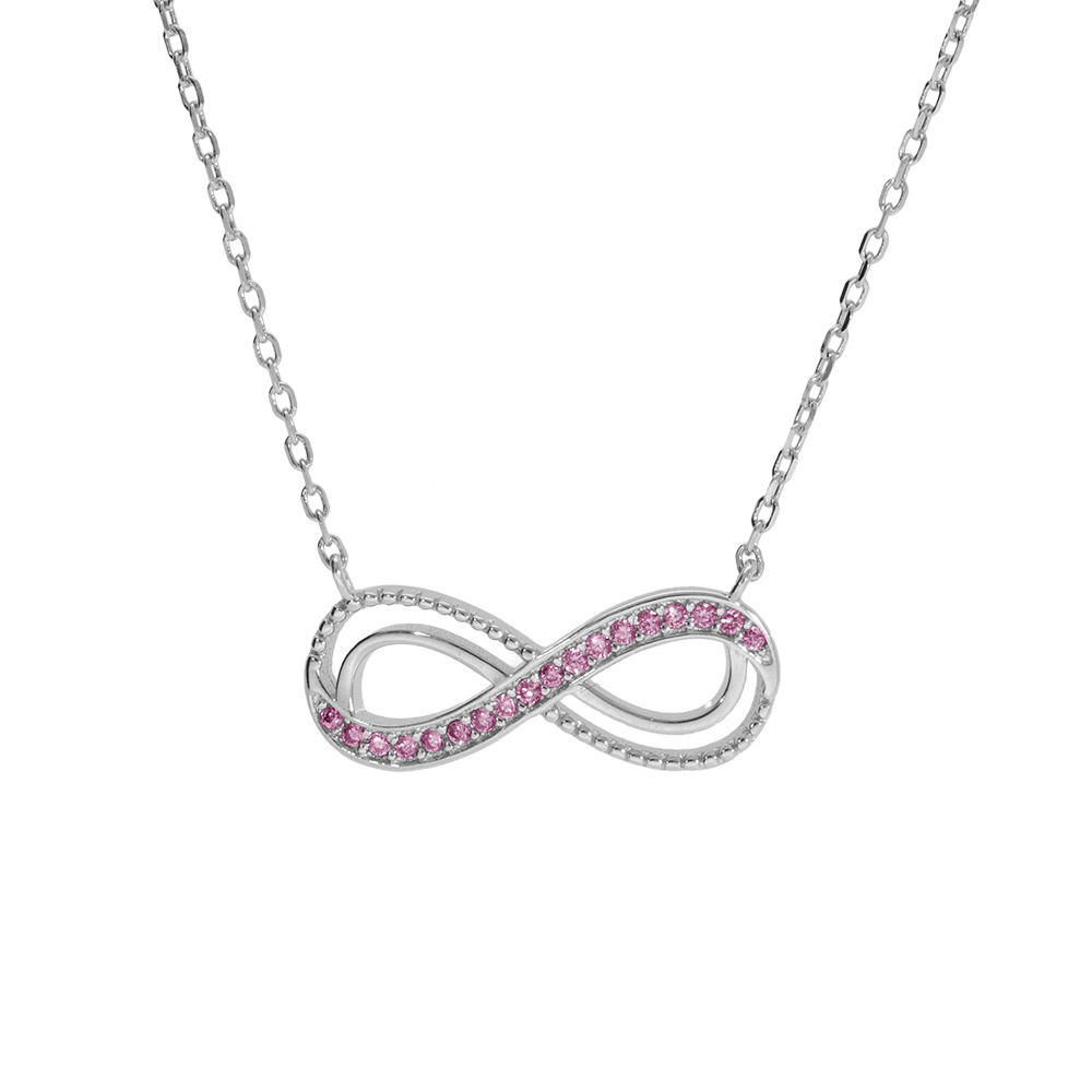 Collier en argent rhodi� motif infini ajour� avec oxydes rose sertis 40+5cm - Vue 1