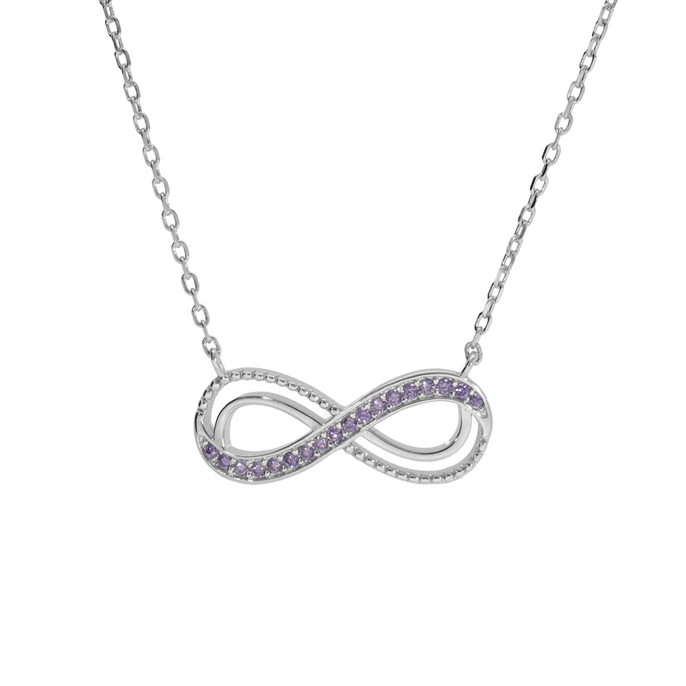 Collier en argent rhodi� motif infini ajour� avec oxydes violet sertis 40+5cm - Vue 1