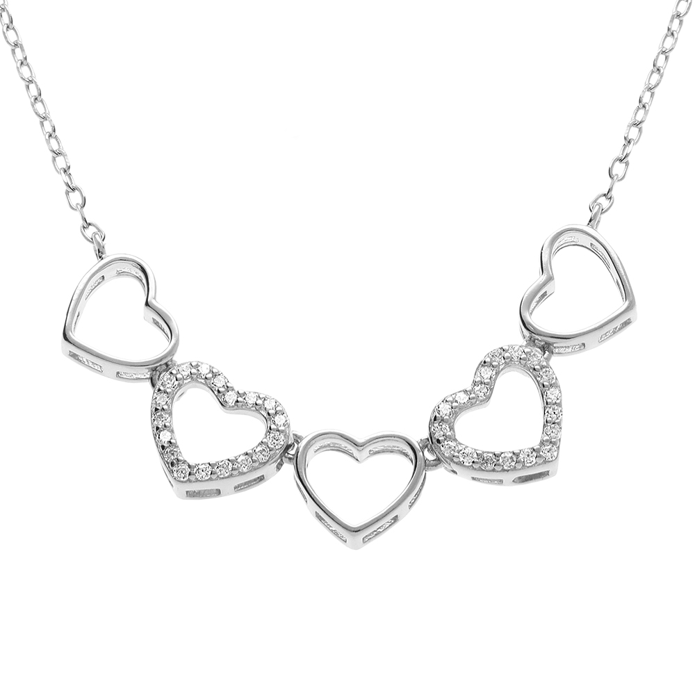 Collier en argent rhodi� multi coeurs lisses et deux avec oxydes blancs sertis - 40+3cm - Vue 1