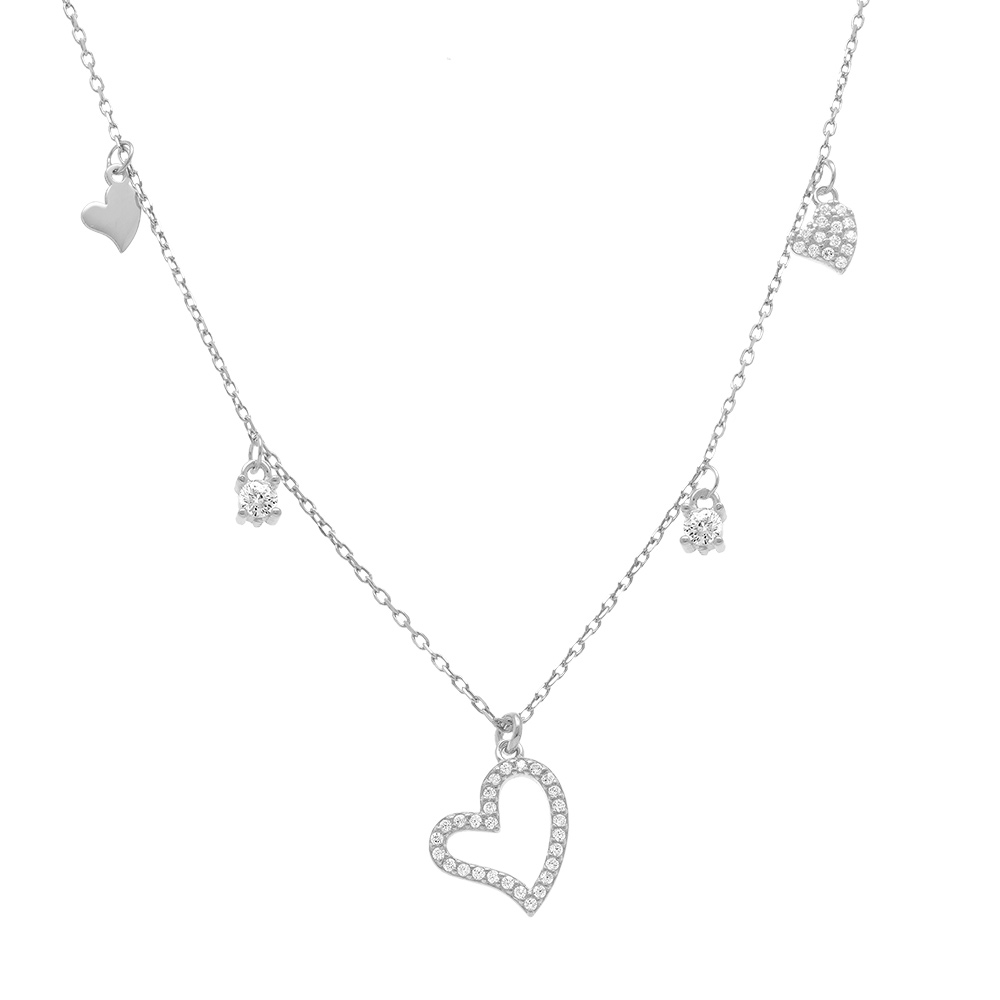 Collier en argent rhodi� multi coeurs lisses et oxydes blancs sertis - 40+5cm - Vue 1