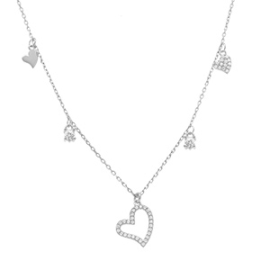 Collier en argent rhodi� multi coeurs lisses et oxydes blancs sertis - 40+5cm