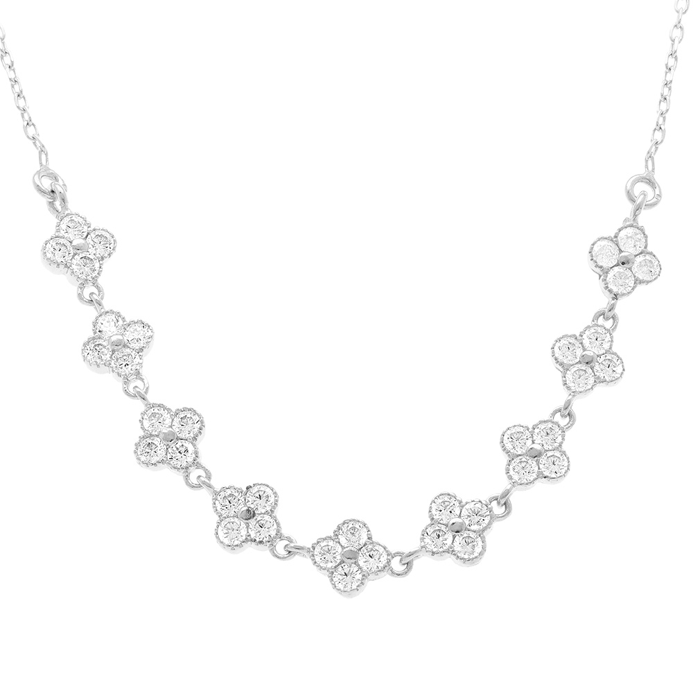 Collier en argent rhodi� multi fleurs d\'oxydes blancs sertis - 40+5cm - Vue 1
