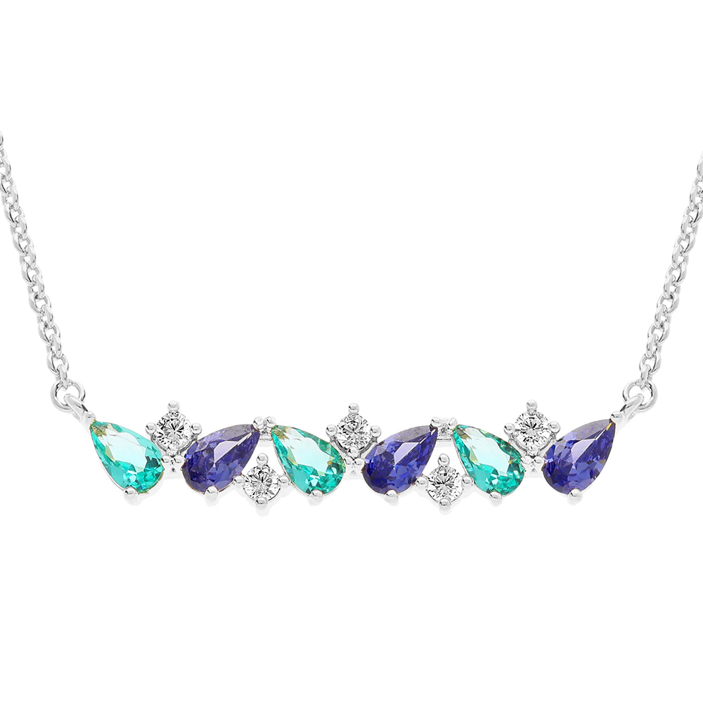Collier en argent rhodi� navettes bleues et blanches - 42+3cm - Vue 1