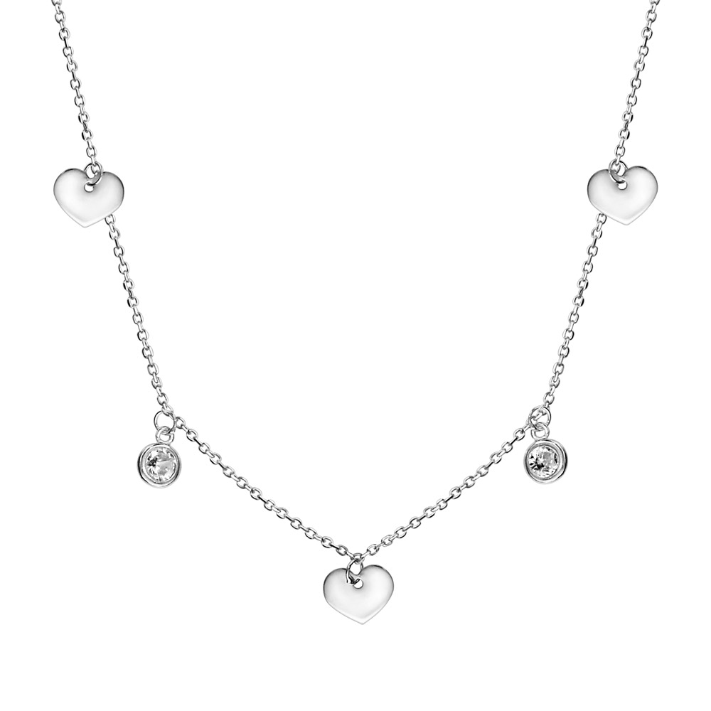 Collier en argent rhodi� pampille 3 coeurs et 2 oxydes blancs sertis clos 42cm + 3cm - Vue 1