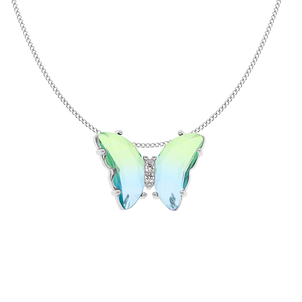 Collier en argent rhodi� papillon 20x15mm verre d�grad� bleu vert et orn� d\'oxydes blancs sertis - 42+3cm - Vue 1