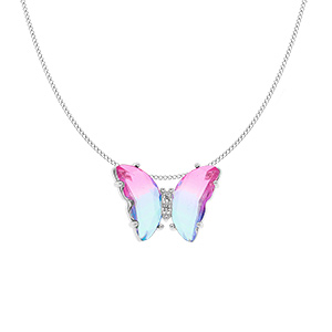 Collier en argent rhodi papillon 20x15mm verre dgrad rose et orn d\'oxydes blancs sertis - 42+3cm - Vue 1